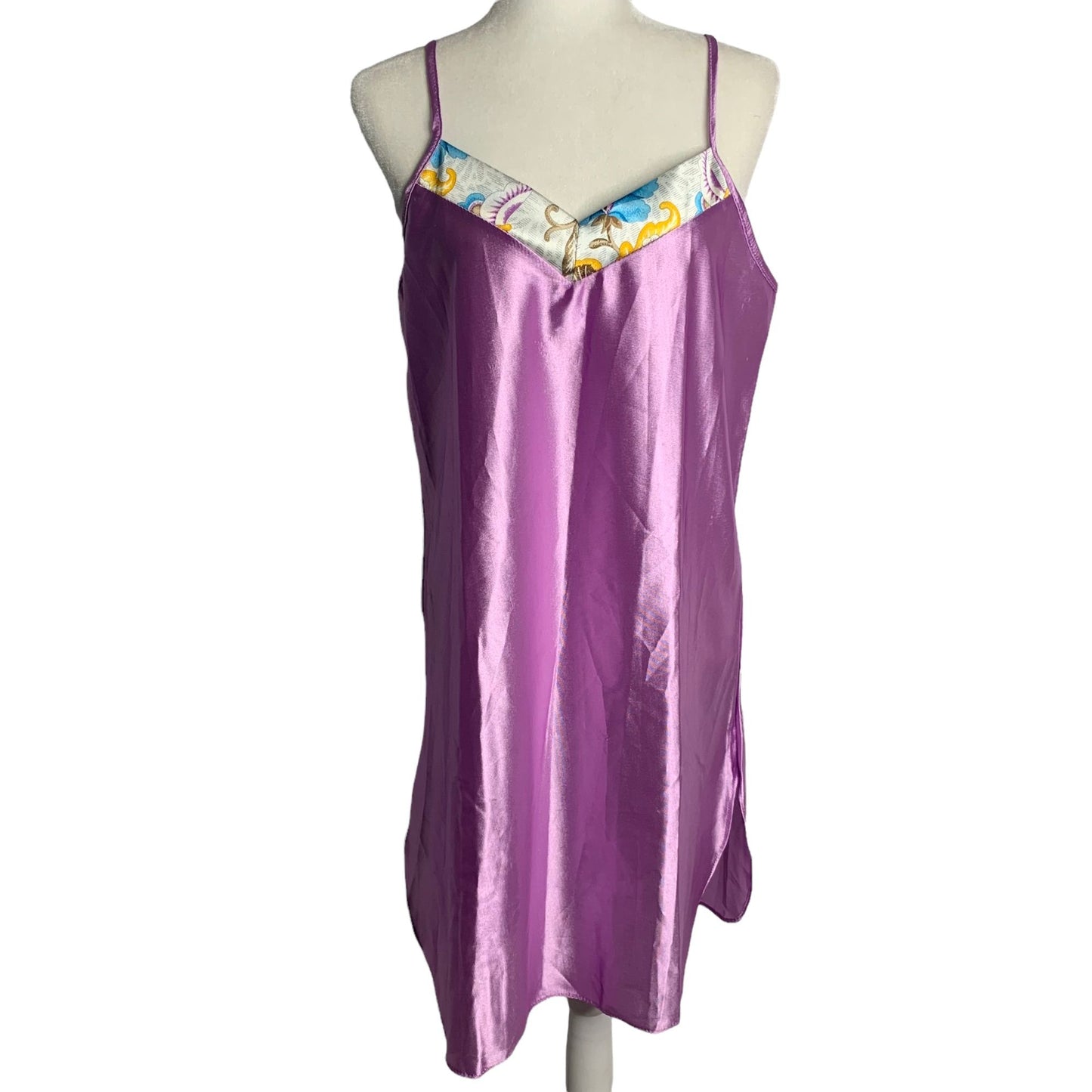 Vintage 80s Silky Nightgown L Purple Floral Spaghetti Straps V Neck Round Hem