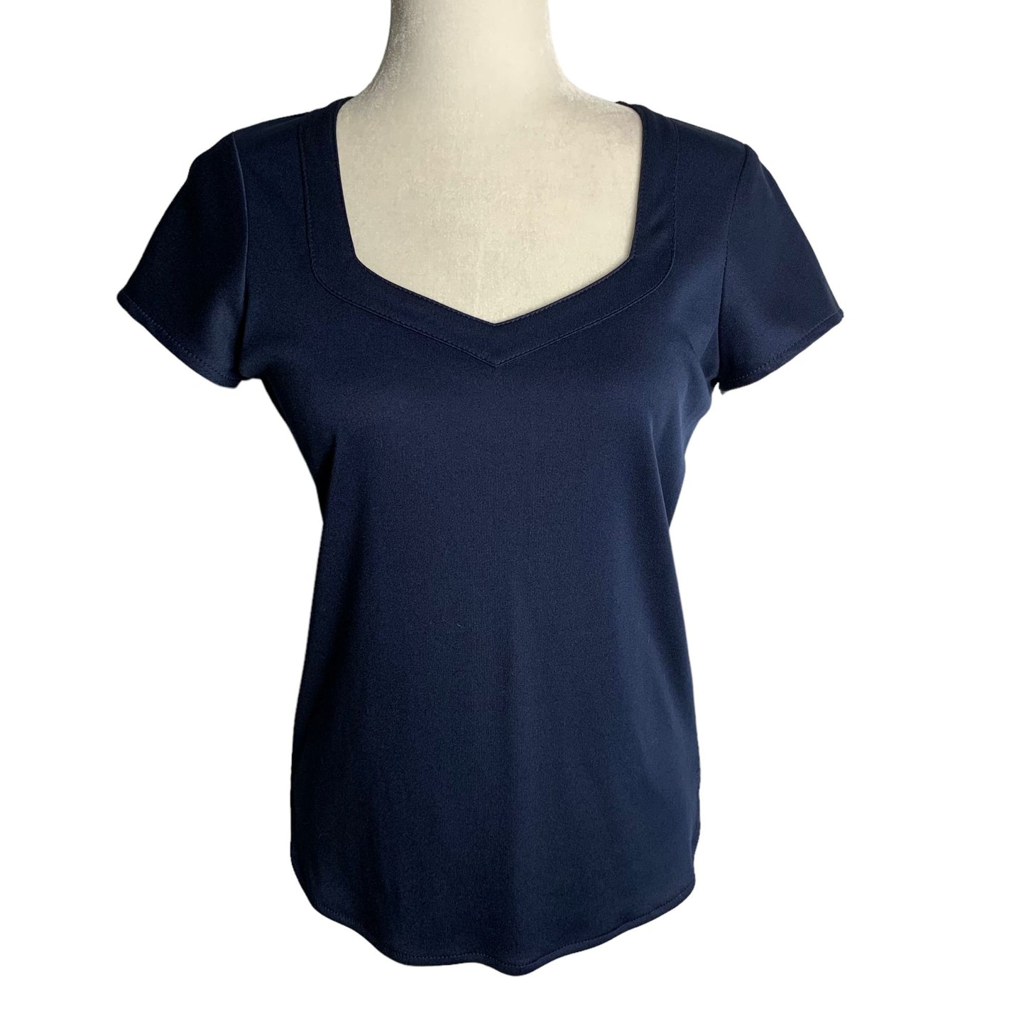 Vintage 80s Rina Stretch Knit Short Sleeve Top S Navy Blue V Neck Back Zipper