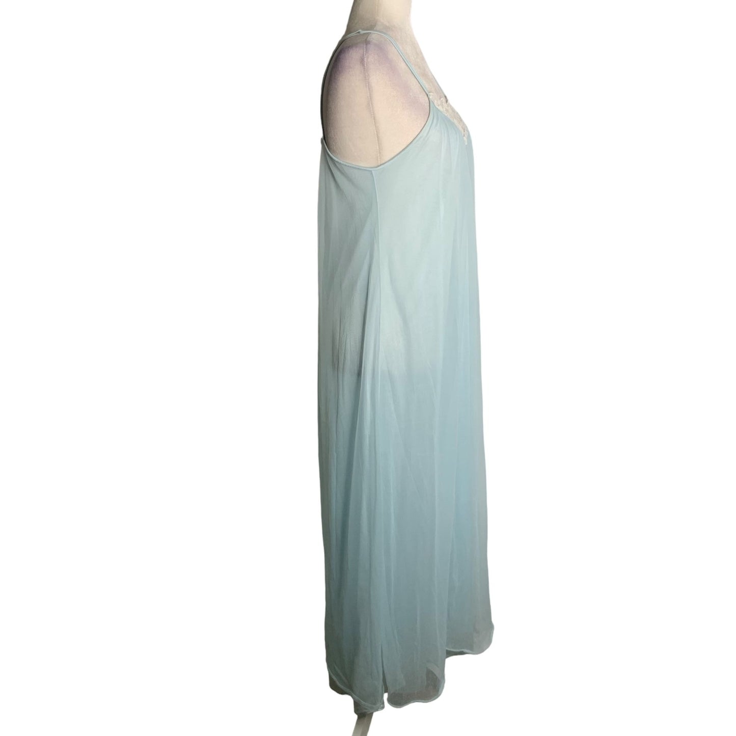 Vintage 70s Nylon Nightgown M Blue Pullover Lined Spaghetti Straps Low Back