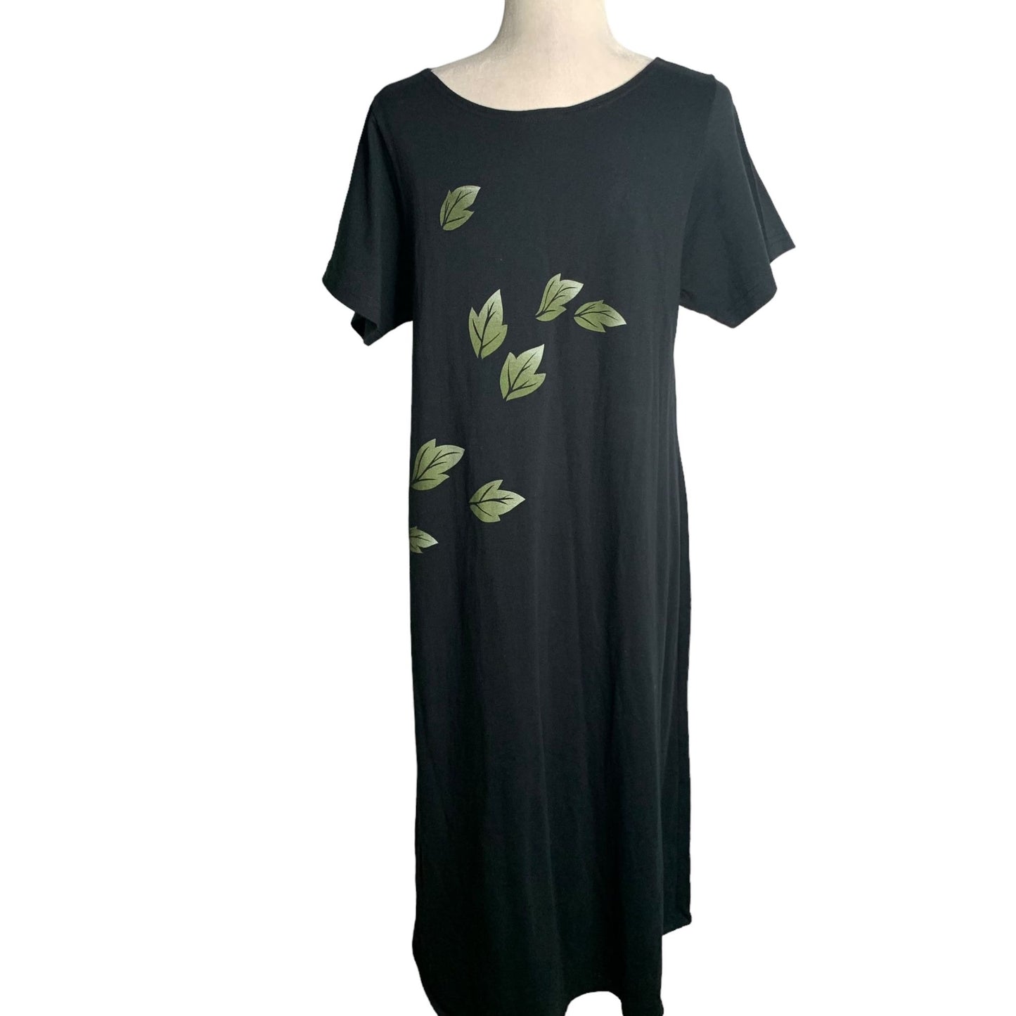 Vintage 90s Hawaiian Maxi T Shirt Dress M Black Floral Painted Short Sleeves