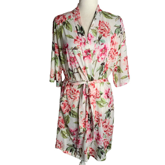 Show Me Your Mumu Short Brie Robe One Size White Floral Tie Belt Short Sleeve