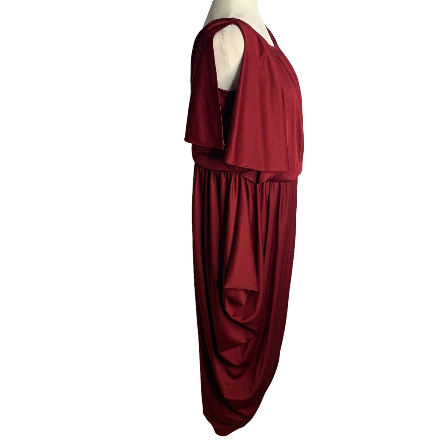 Vintage 70s Flutter Sleeve Cocoon Dress M Maroon Red Draped Disco Keyhole