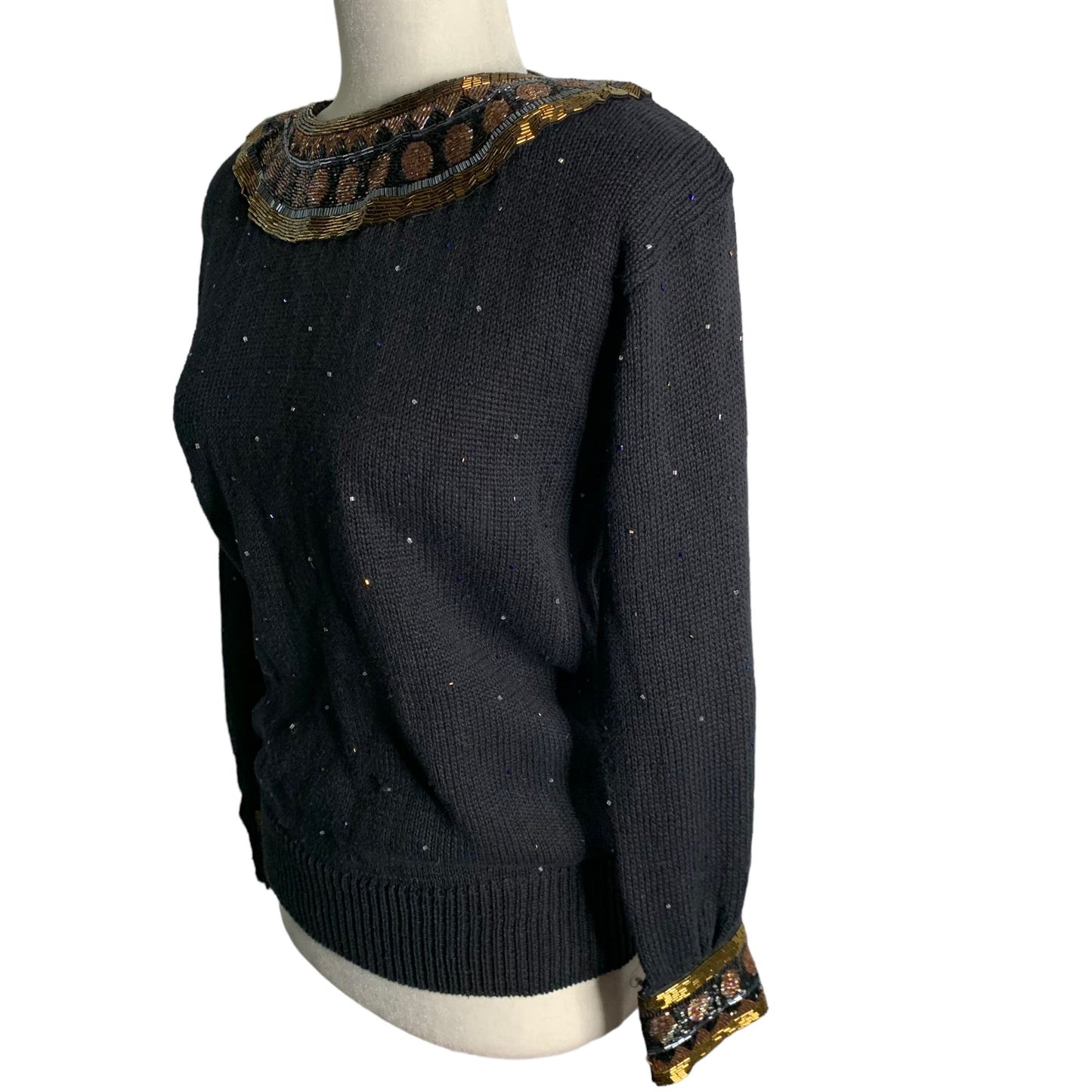 Vintage 90s Bonnie Boerer Beaded Sweater S Black Pullover Knit Hook Loop Collar