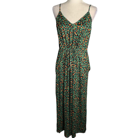 Ive Cloth Sleeveless Maxi Dress L Green Leopard Print Drawstring Waist Pockets