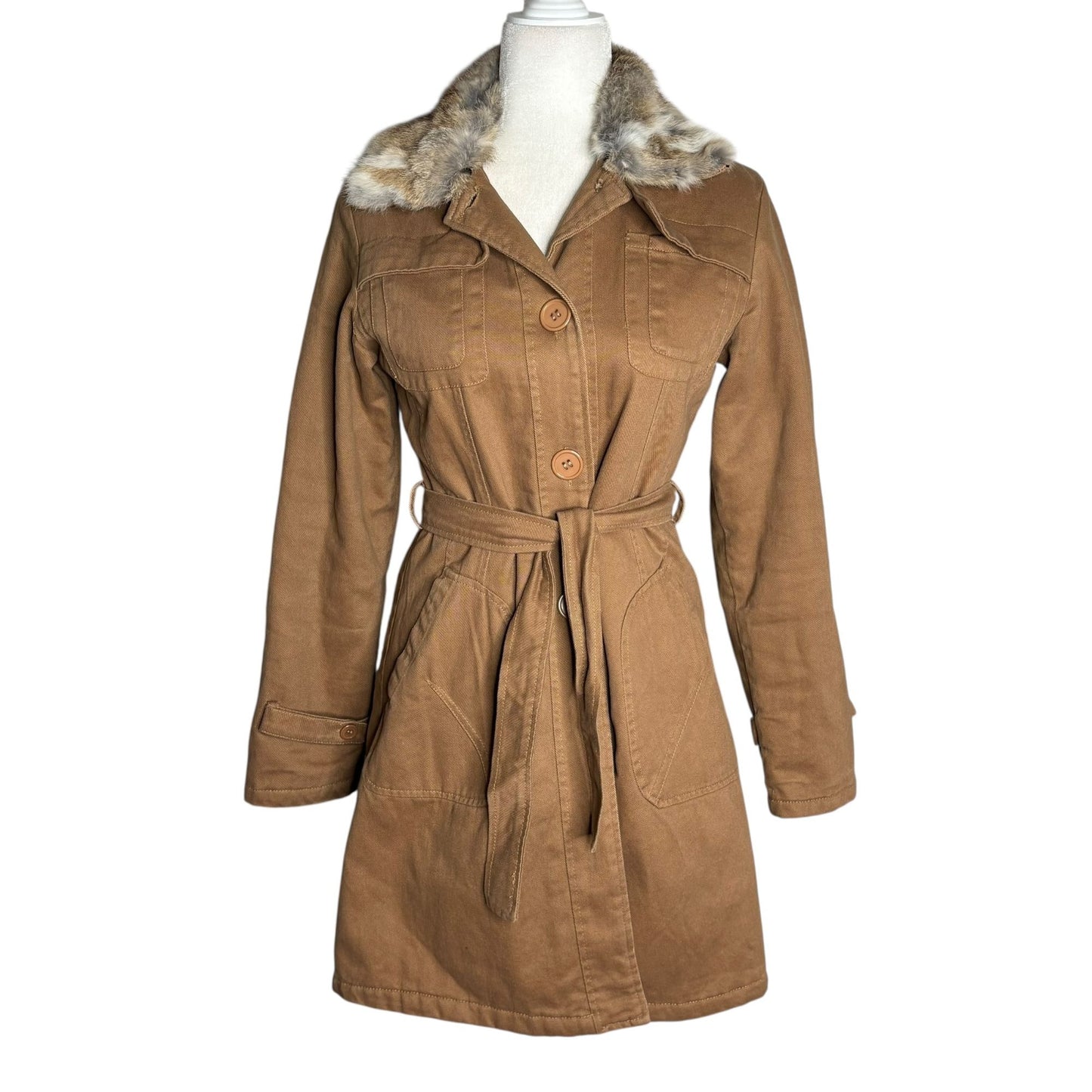 Belted Trench Coat Removable Rabbit Fur Collar Small Tan Pockets Lined Buttons