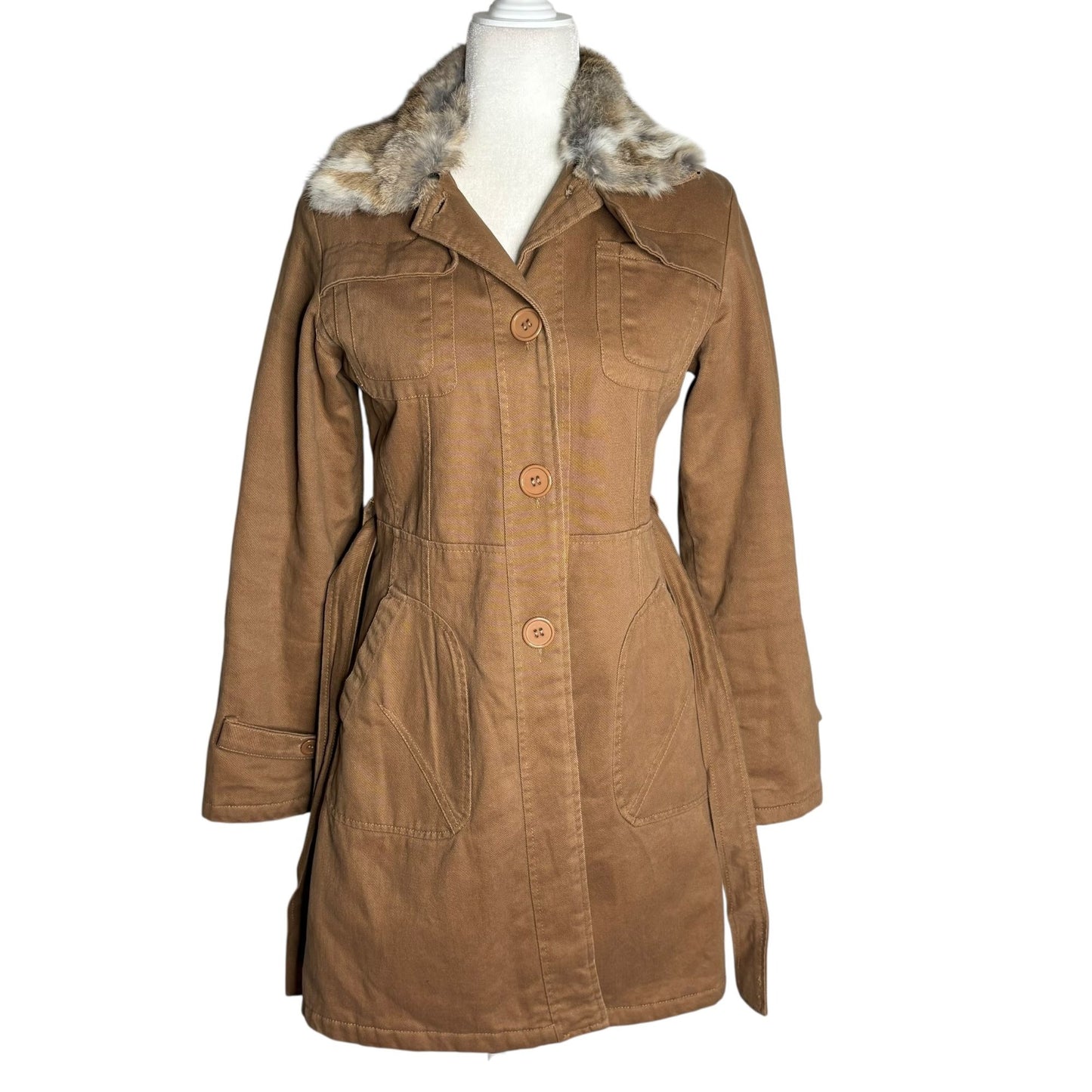Belted Trench Coat Removable Rabbit Fur Collar Small Tan Pockets Lined Buttons