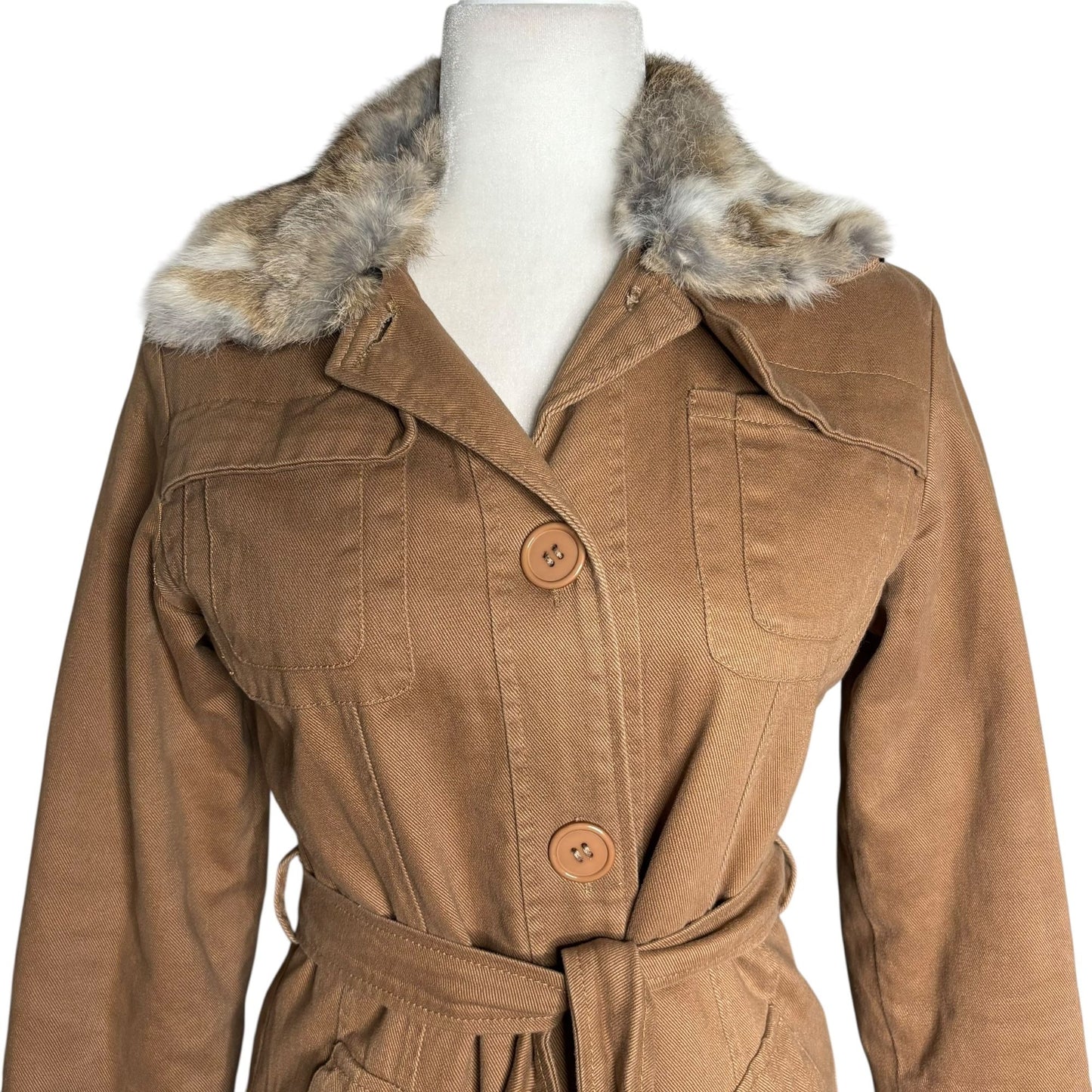 Belted Trench Coat Removable Rabbit Fur Collar Small Tan Pockets Lined Buttons