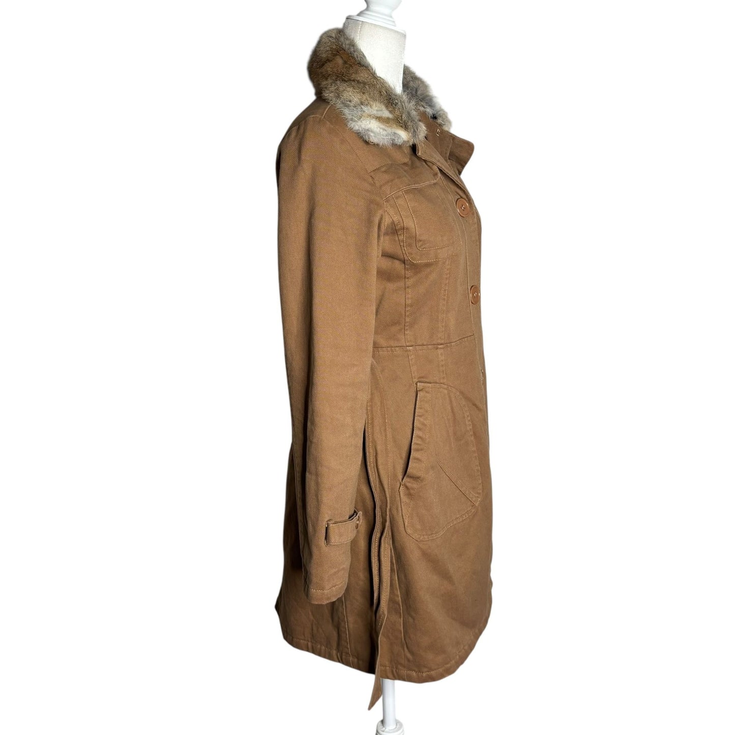 Belted Trench Coat Removable Rabbit Fur Collar Small Tan Pockets Lined Buttons