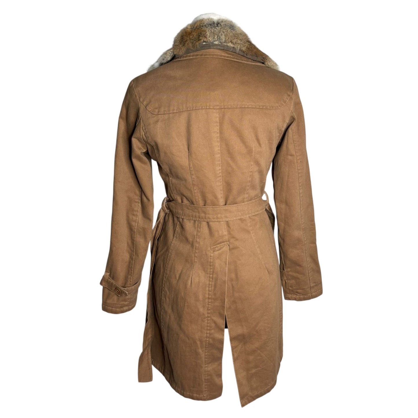 Belted Trench Coat Removable Rabbit Fur Collar Small Tan Pockets Lined Buttons