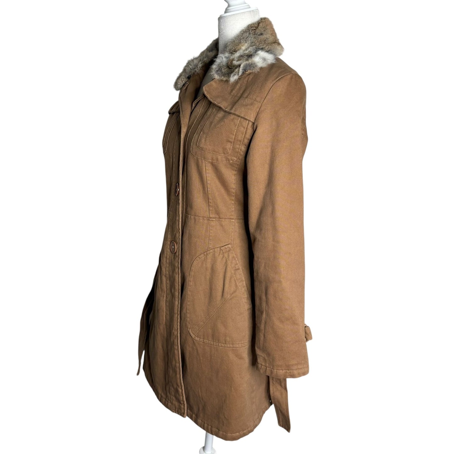 Belted Trench Coat Removable Rabbit Fur Collar Small Tan Pockets Lined Buttons