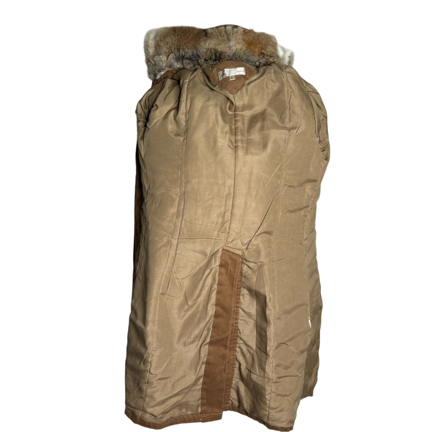 Belted Trench Coat Removable Rabbit Fur Collar Small Tan Pockets Lined Buttons