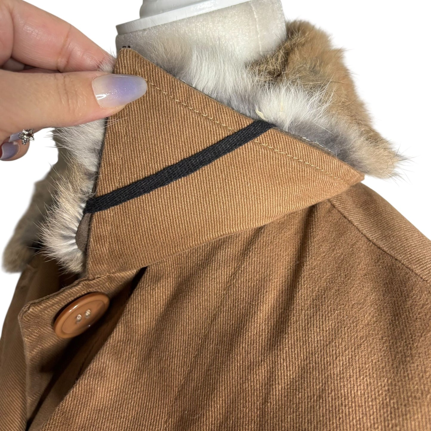 Belted Trench Coat Removable Rabbit Fur Collar Small Tan Pockets Lined Buttons