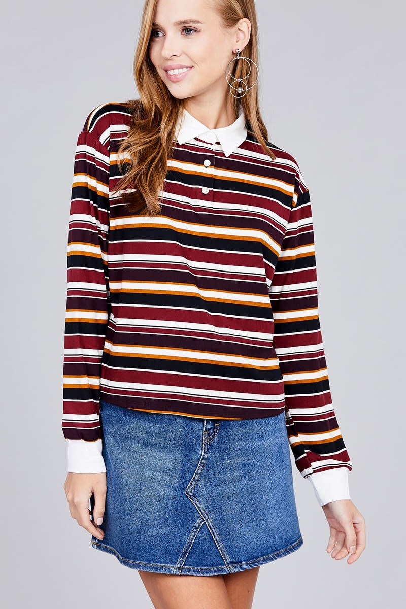 Ladies fashion plus size long sleeve multi striped dty brushed shirts