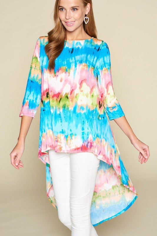 Tie-dye Venechia High Low Fashion Top With 3/4 Sleeves