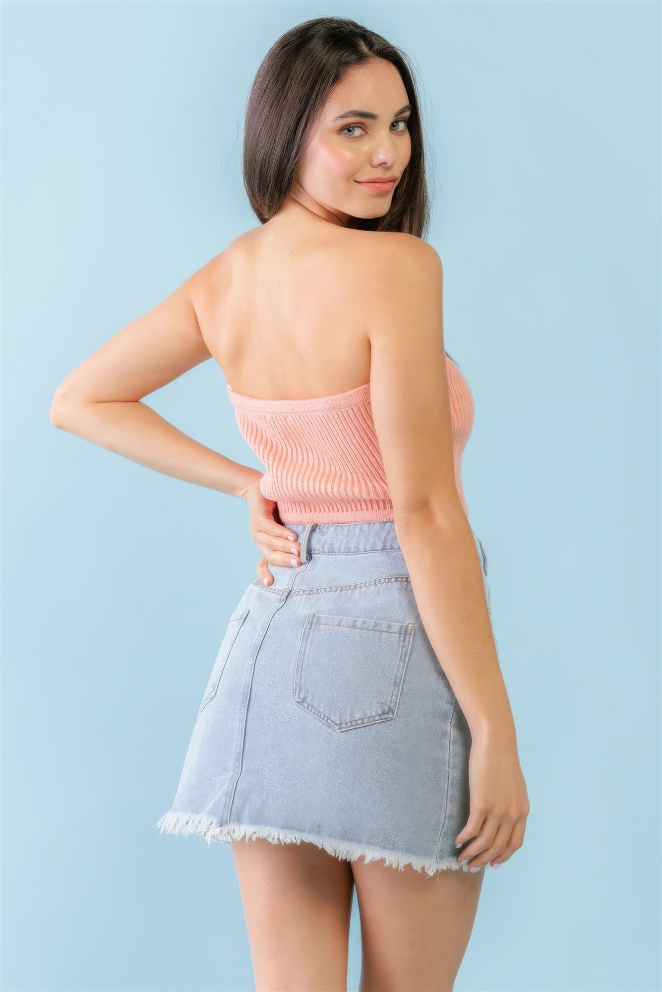 Dusty Peach Knit Strapless Crop Top