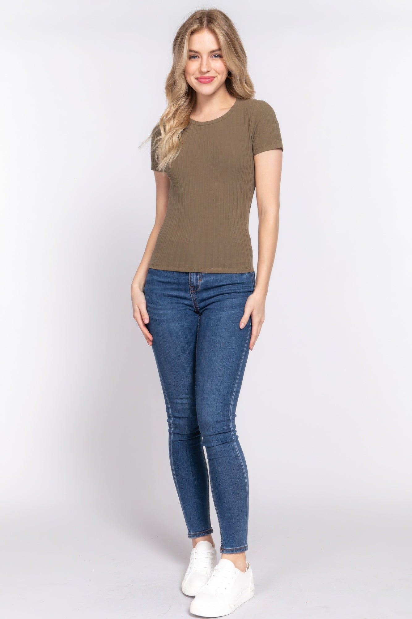 Short Slv Crew Neck Variegated Rib Knit Top