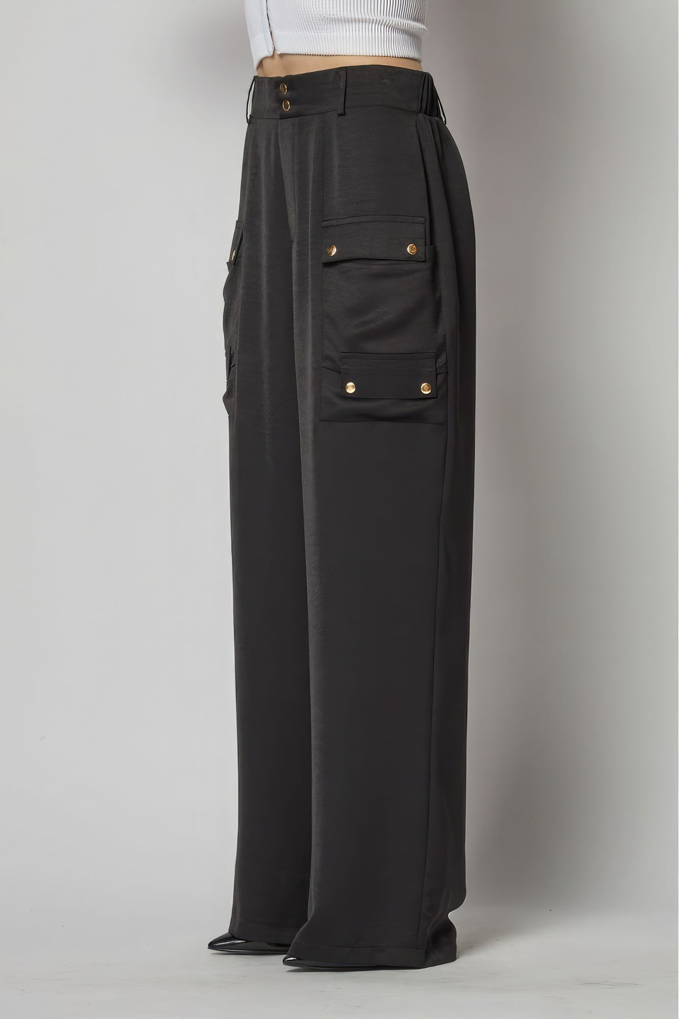 Satin Cargo Pocket Wide Leg Pants