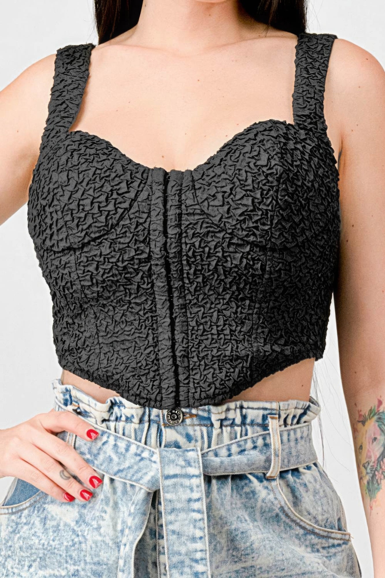 Crinkle Stretch Knit Sweetheart Hooked Bustier Cropped Top