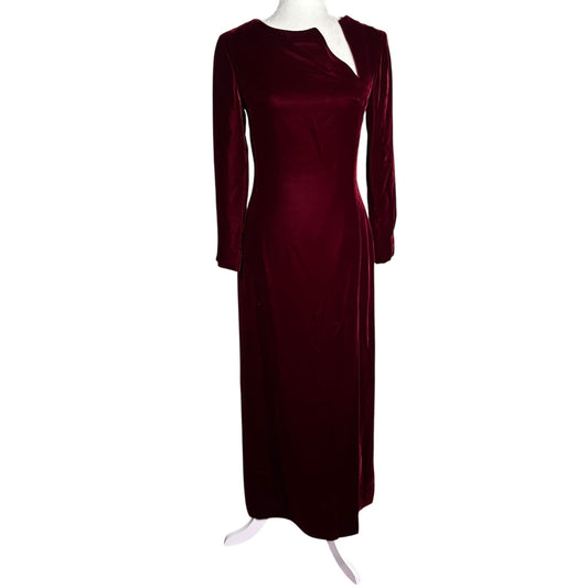Vintage 50s Velvet Long Sleeve Maxi Dress Small Burgundy Red Lined Metal Zipper