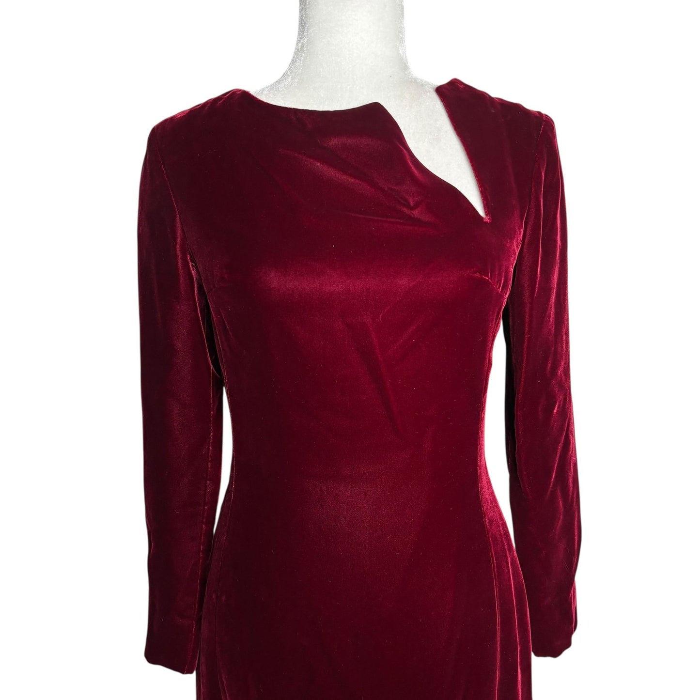 Vintage 50s Velvet Long Sleeve Maxi Dress Small Burgundy Red Lined Metal Zipper