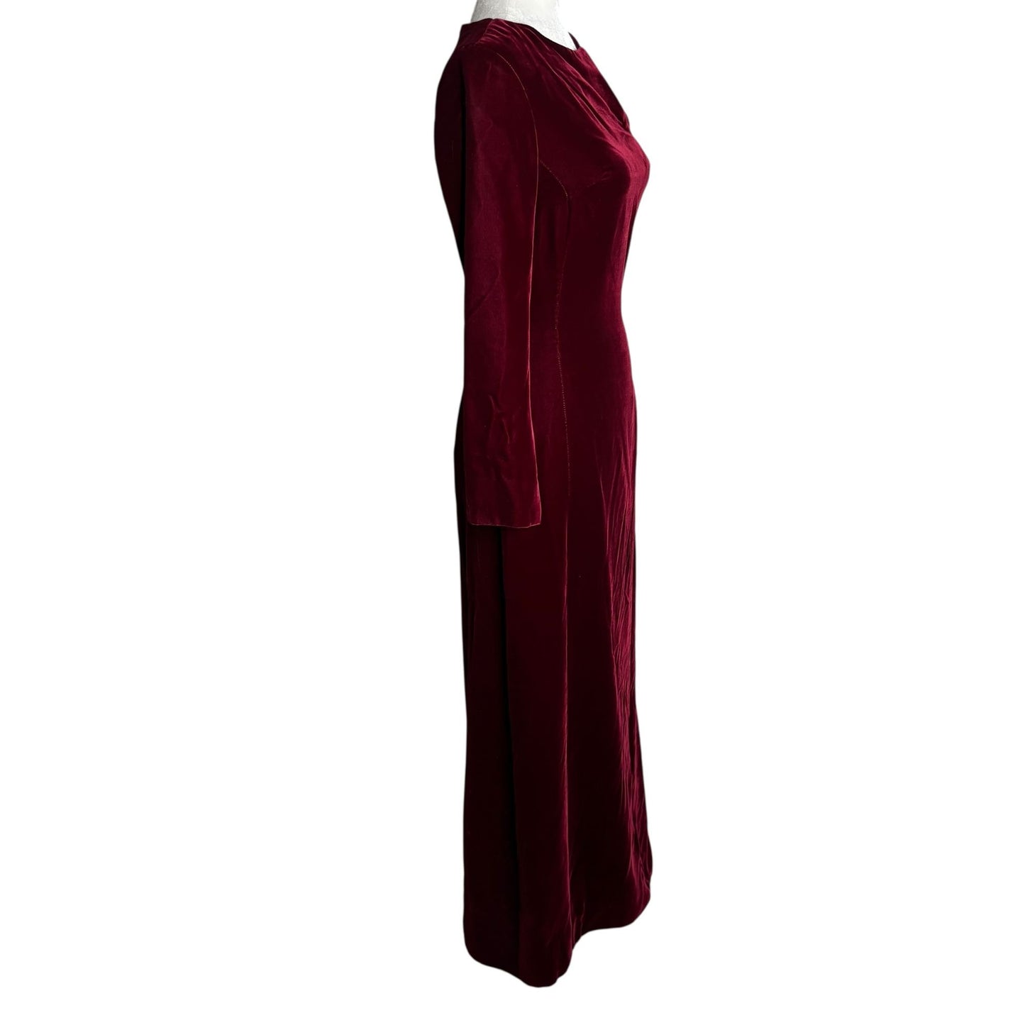 Vintage 50s Velvet Long Sleeve Maxi Dress Small Burgundy Red Lined Metal Zipper