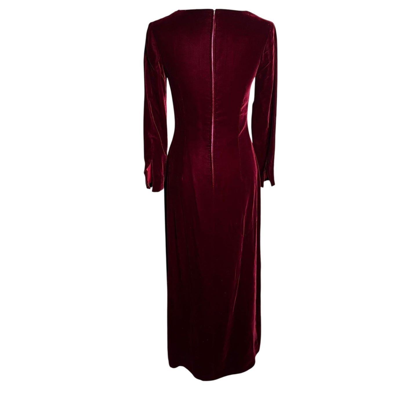 Vintage 50s Velvet Long Sleeve Maxi Dress Small Burgundy Red Lined Metal Zipper