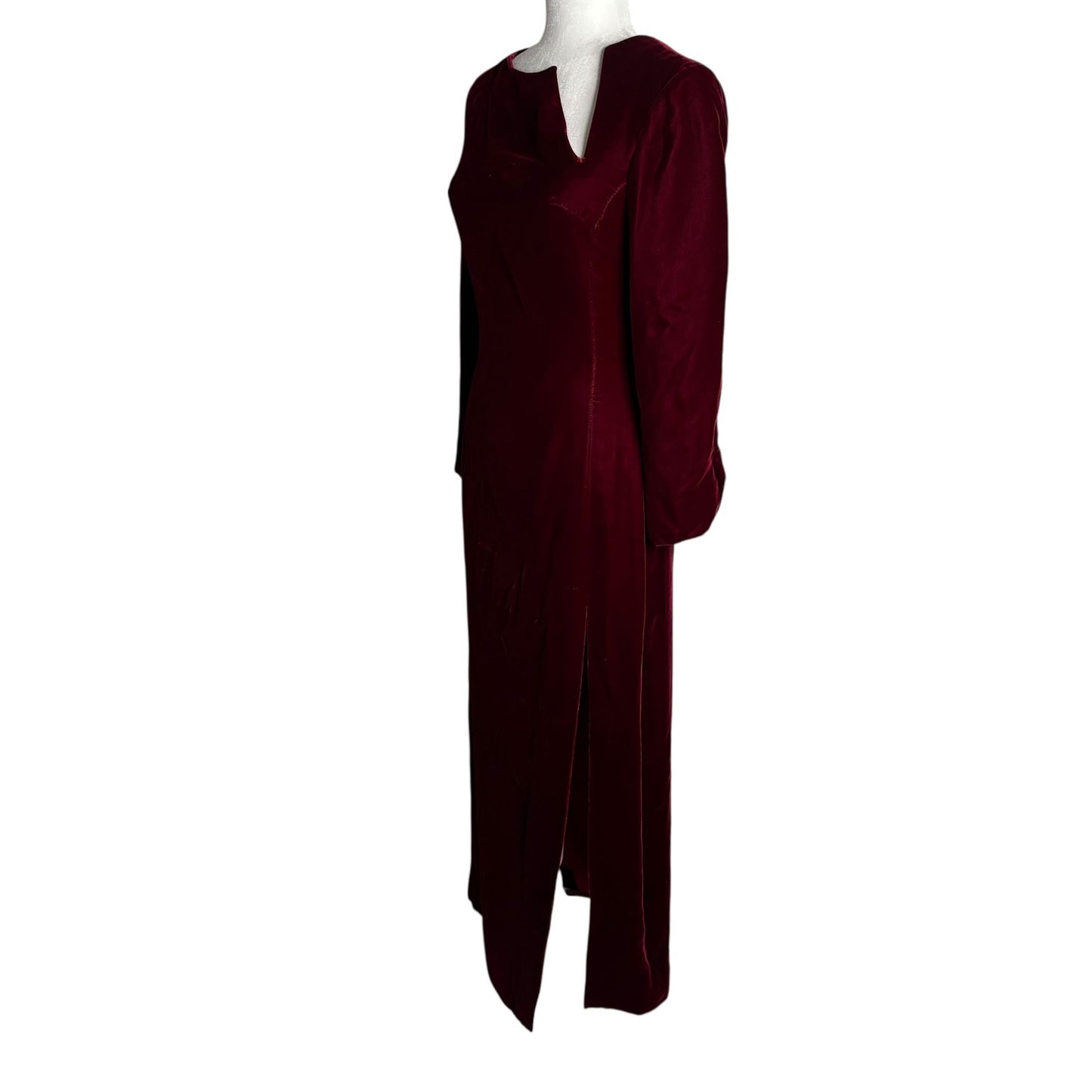 Vintage 50s Velvet Long Sleeve Maxi Dress Small Burgundy Red Lined Metal Zipper