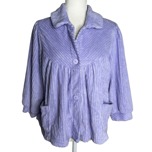 Vintage 90s Textured Fleece Button Up Jacket Medium Purple Pockets Sweater