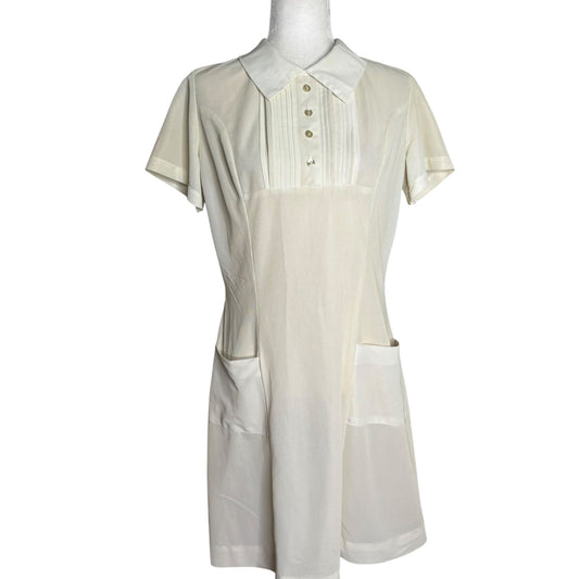 Vintage 70s Short Sleeve Shift Dress Small White Collar Pintuck Zipper Pockets