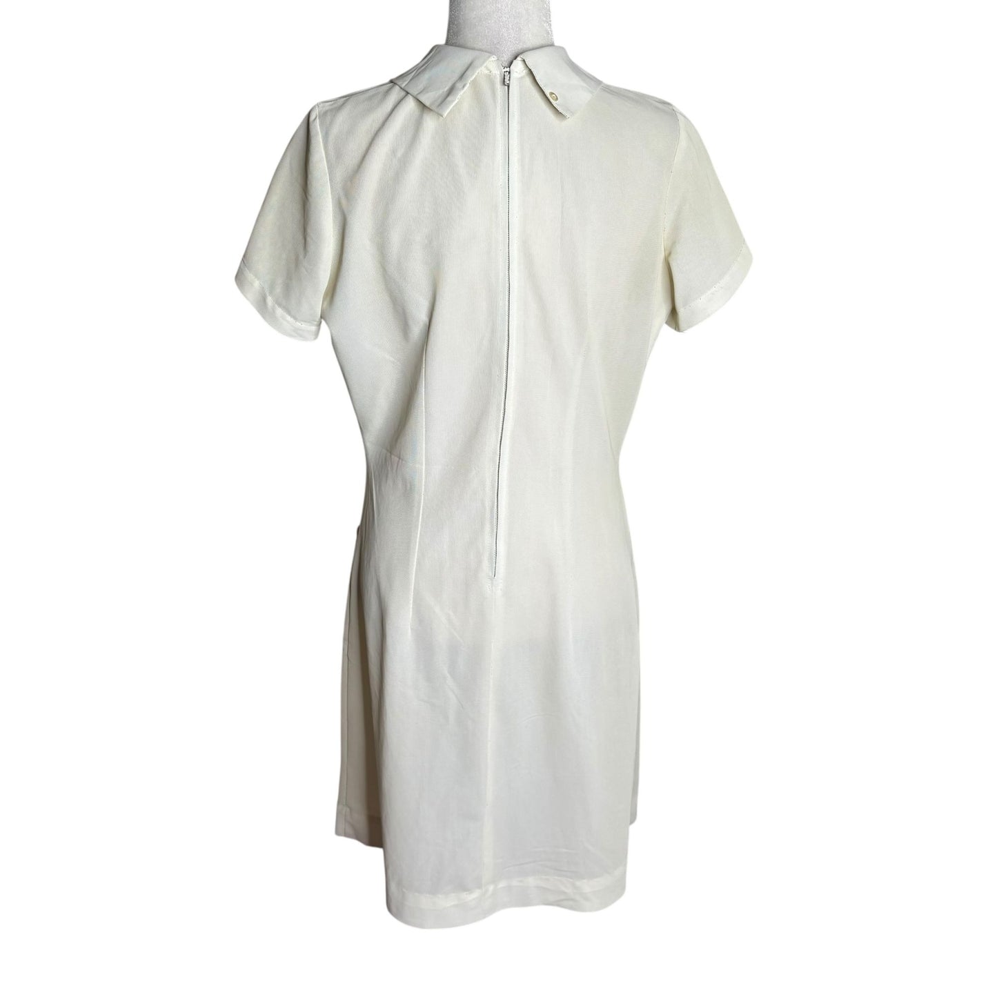 Vintage 70s Short Sleeve Shift Dress Small White Collar Pintuck Zipper Pockets