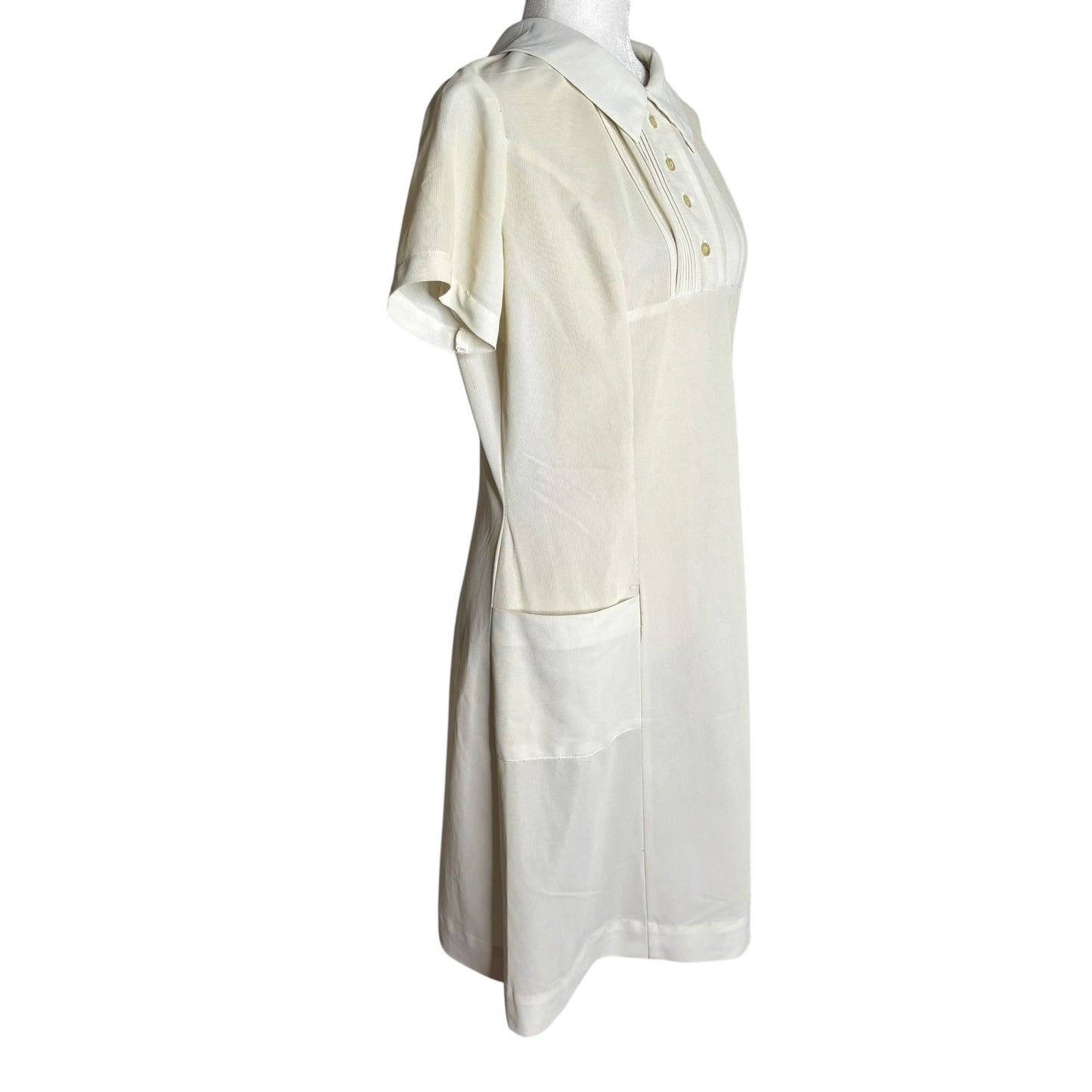 Vintage 70s Short Sleeve Shift Dress Small White Collar Pintuck Zipper Pockets