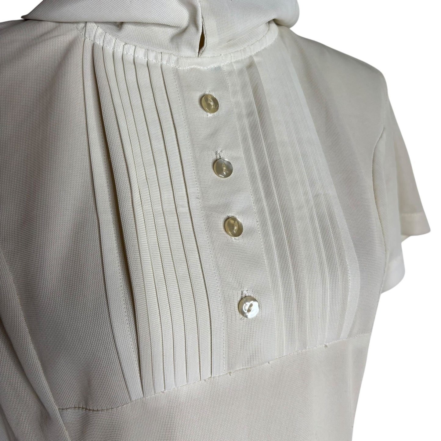 Vintage 70s Short Sleeve Shift Dress Small White Collar Pintuck Zipper Pockets