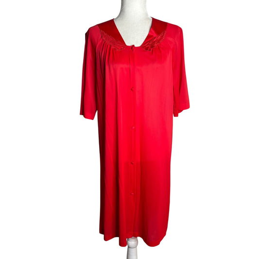 Vintage 80s Vassarette Red Nylon Button-Front Robe Nightgown Embroidered Collar