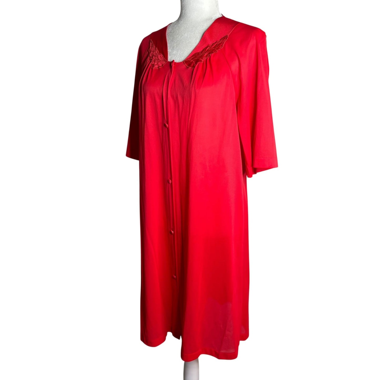 Vintage 80s Vassarette Red Nylon Button-Front Robe Nightgown Embroidered Collar