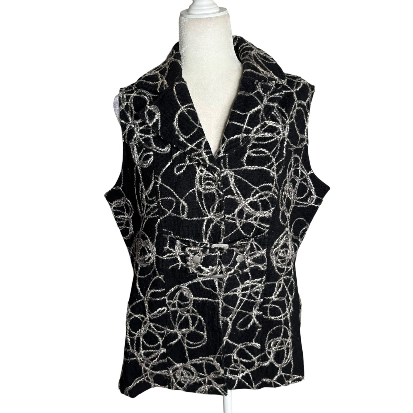 Tumbleweed Sleeveless Vest Jacket XL Black Wool Abstract White Swirl Snaps