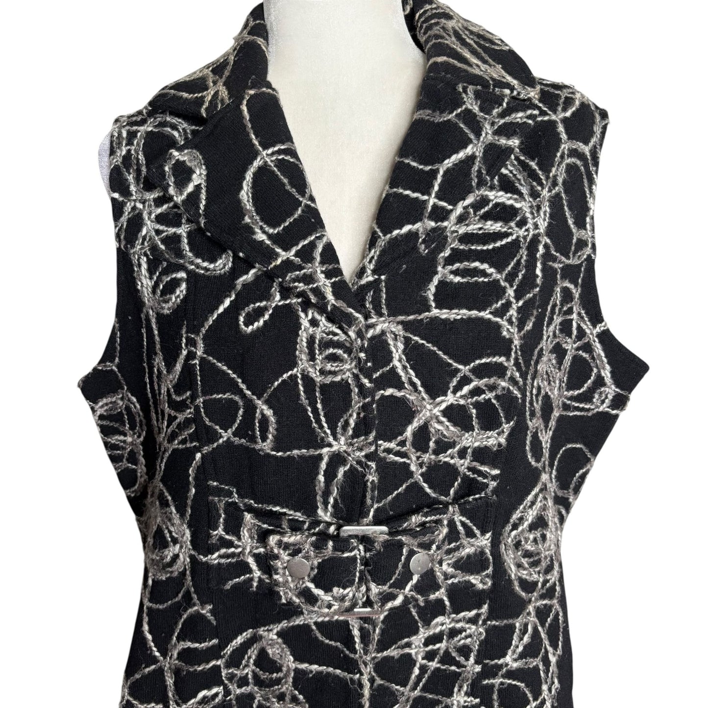 Tumbleweed Sleeveless Vest Jacket XL Black Wool Abstract White Swirl Snaps