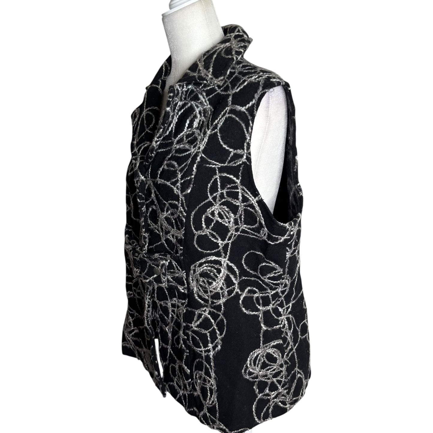 Tumbleweed Sleeveless Vest Jacket XL Black Wool Abstract White Swirl Snaps