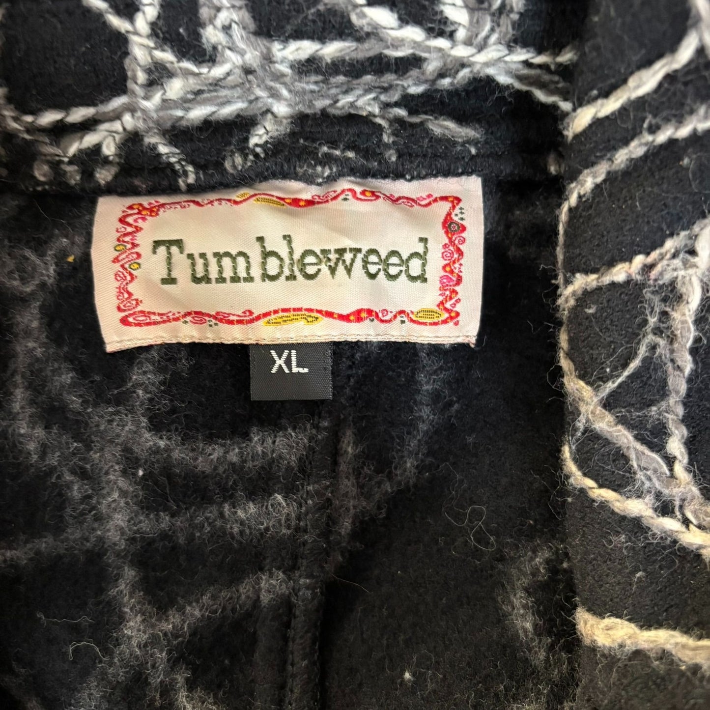 Tumbleweed Sleeveless Vest Jacket XL Black Wool Abstract White Swirl Snaps