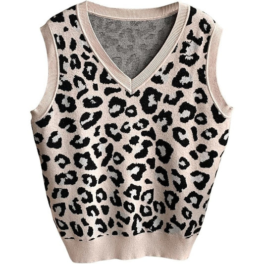 Retro Leopard Print Sweater Vest Small Beige Black Stretch Knit VNeck Sleeveless