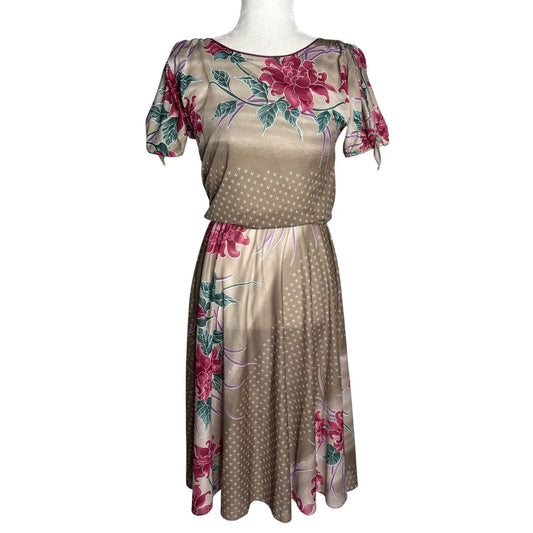 Vintage 80s Floral Short Sleeve Dress Small Slightly Sheer Tie Sleeves Elastic