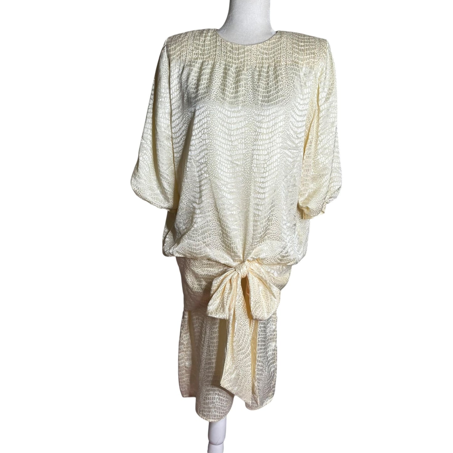 Argenti Vintage 80s Cream Textured Dress Small Tie Waist Buttons Golden Girls