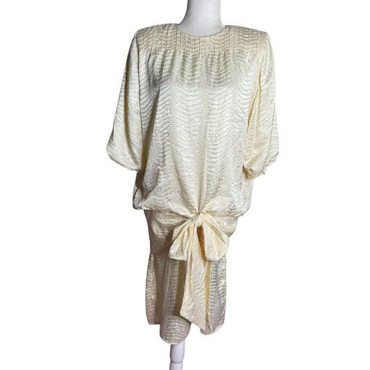 Argenti Vintage 80s Cream Textured Dress Small Tie Waist Buttons Golden Girls