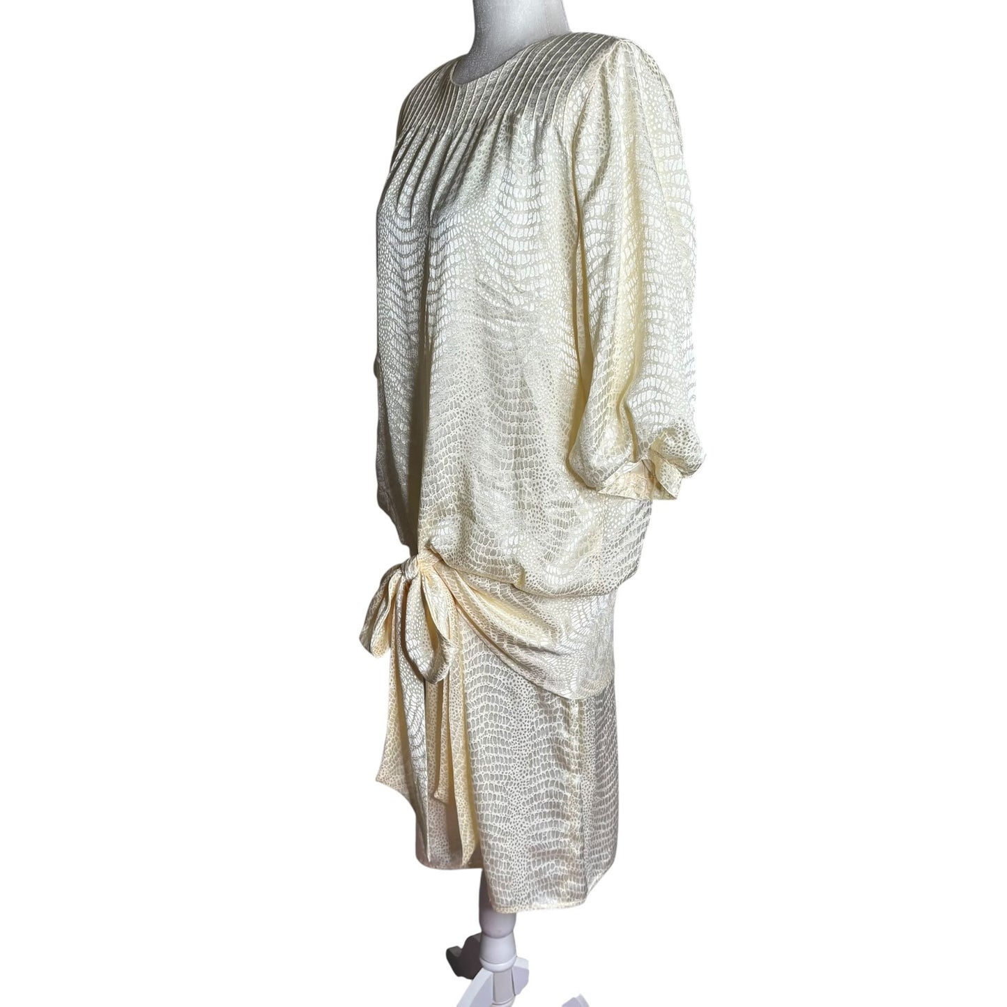 Argenti Vintage 80s Cream Textured Dress Small Tie Waist Buttons Golden Girls