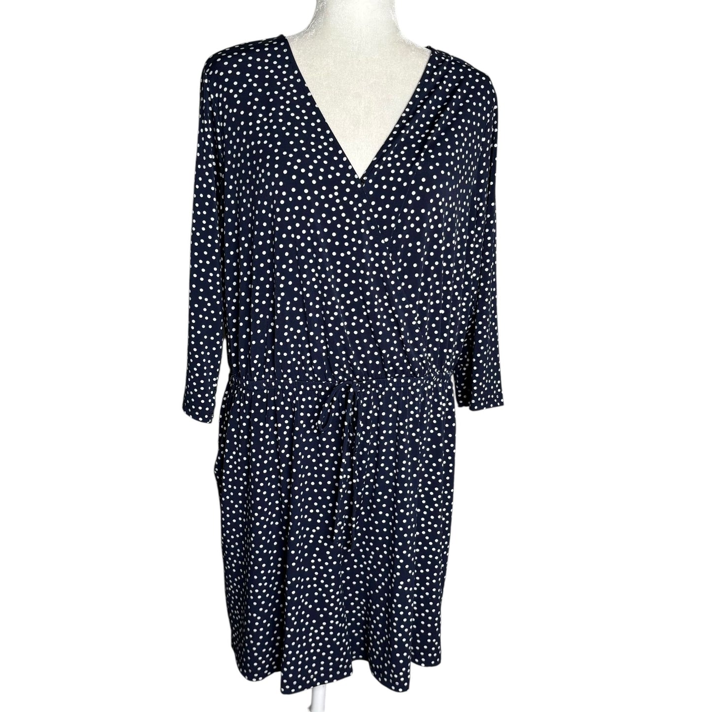 Kalileigh Navy Blue Polka Dot Romper 1X V Neck 3/4 Sleeve Elastic Waist Pockets