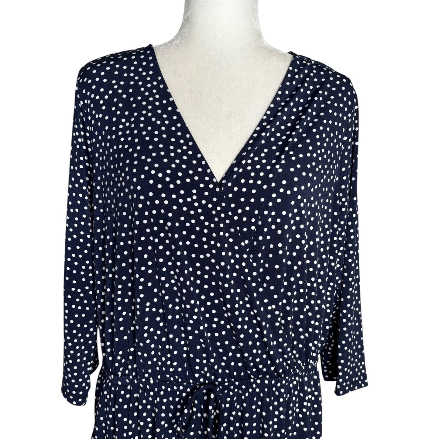 Kalileigh Navy Blue Polka Dot Romper 1X V Neck 3/4 Sleeve Elastic Waist Pockets