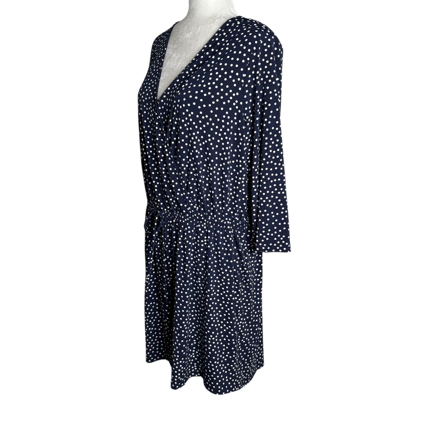 Kalileigh Navy Blue Polka Dot Romper 1X V Neck 3/4 Sleeve Elastic Waist Pockets