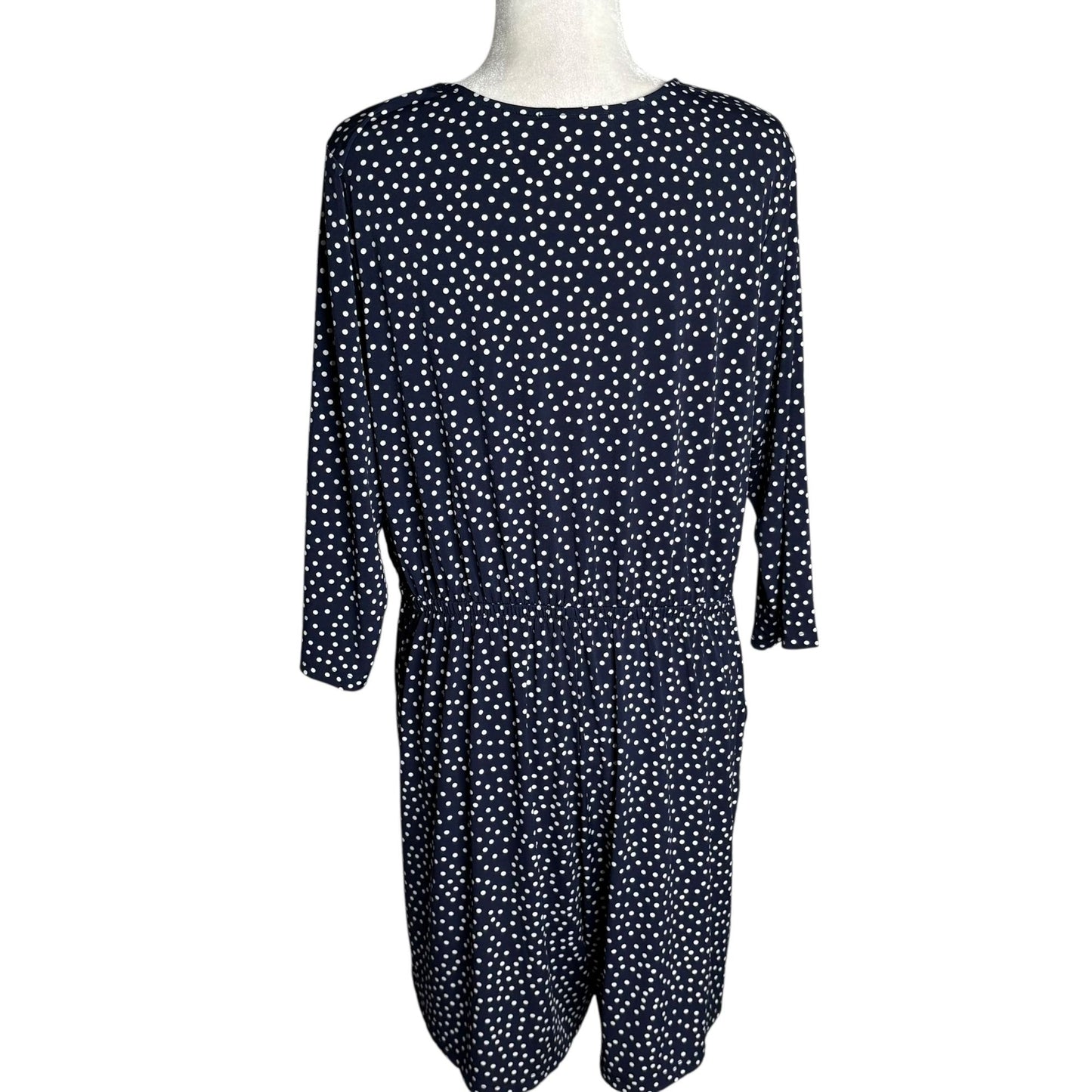 Kalileigh Navy Blue Polka Dot Romper 1X V Neck 3/4 Sleeve Elastic Waist Pockets