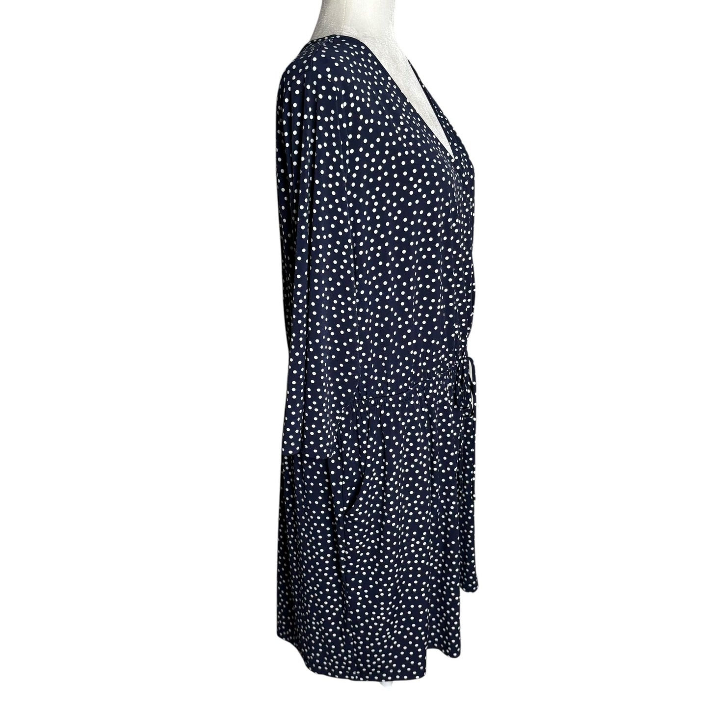 Kalileigh Navy Blue Polka Dot Romper 1X V Neck 3/4 Sleeve Elastic Waist Pockets