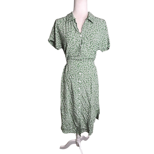 Womens Green Floral Short Sleeve Button Up Midi Dress Size S Tie Waist Retro