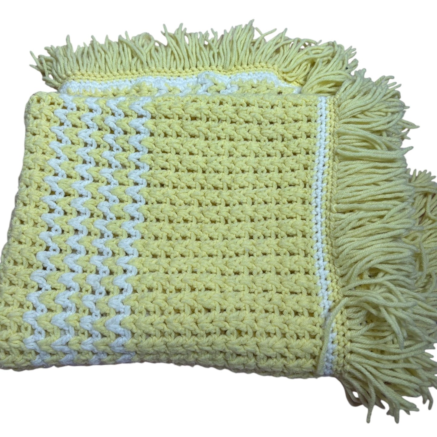 Handmade Yellow White Crochet Throw Baby Blanket Yarn Fringe Edges 35 x 60